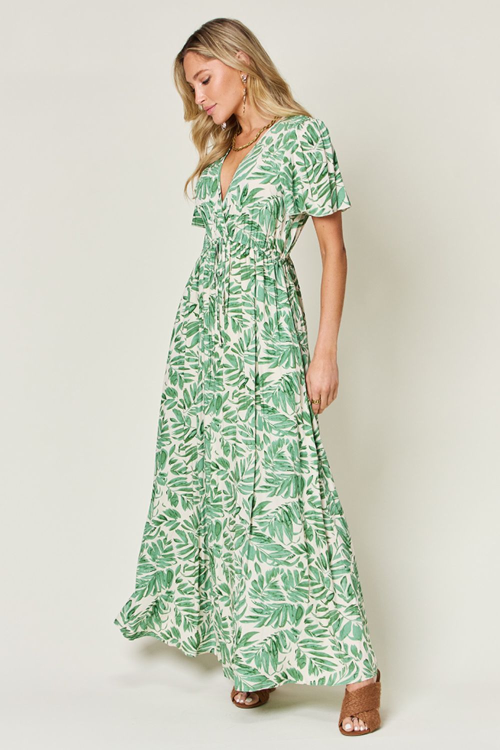 Serenity Full Size Printed Drawstring Short Sleeve Dress.