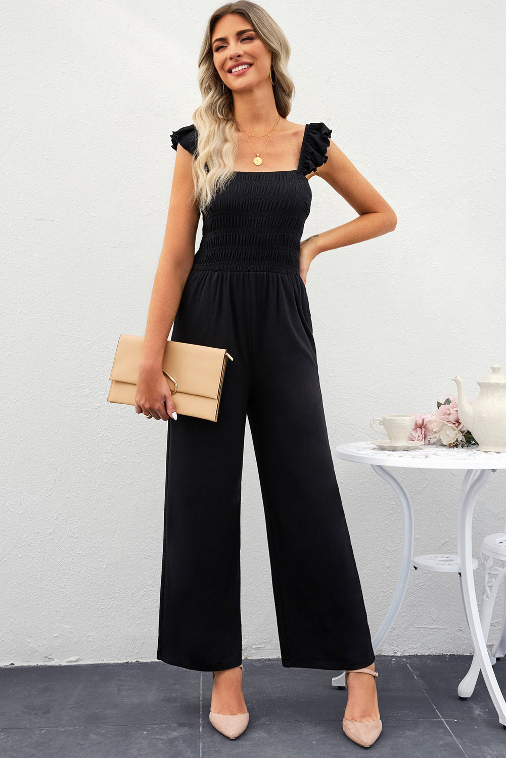 Smocked Square Neck Wide Leg Jumpsuit