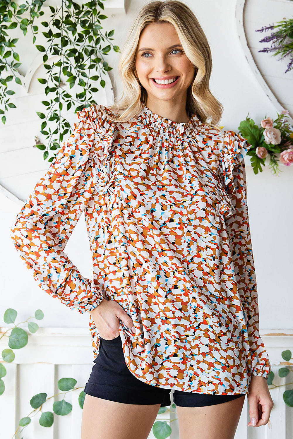 Printed Ruffle Shoulder Long-Sleeve Blouse