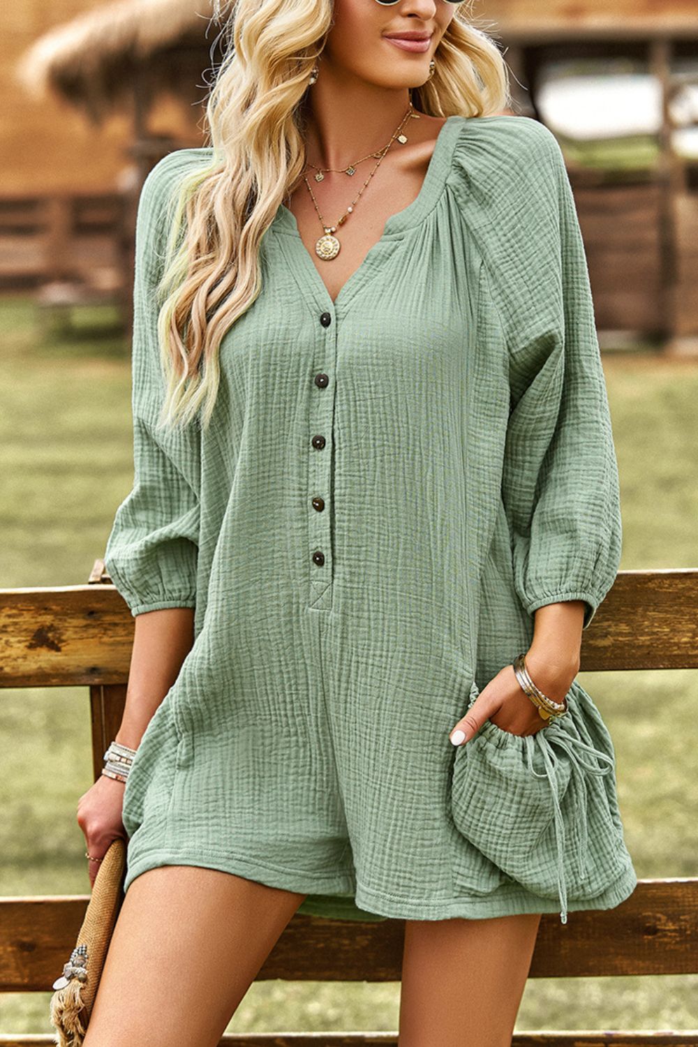 Textured Notched Neck Romper