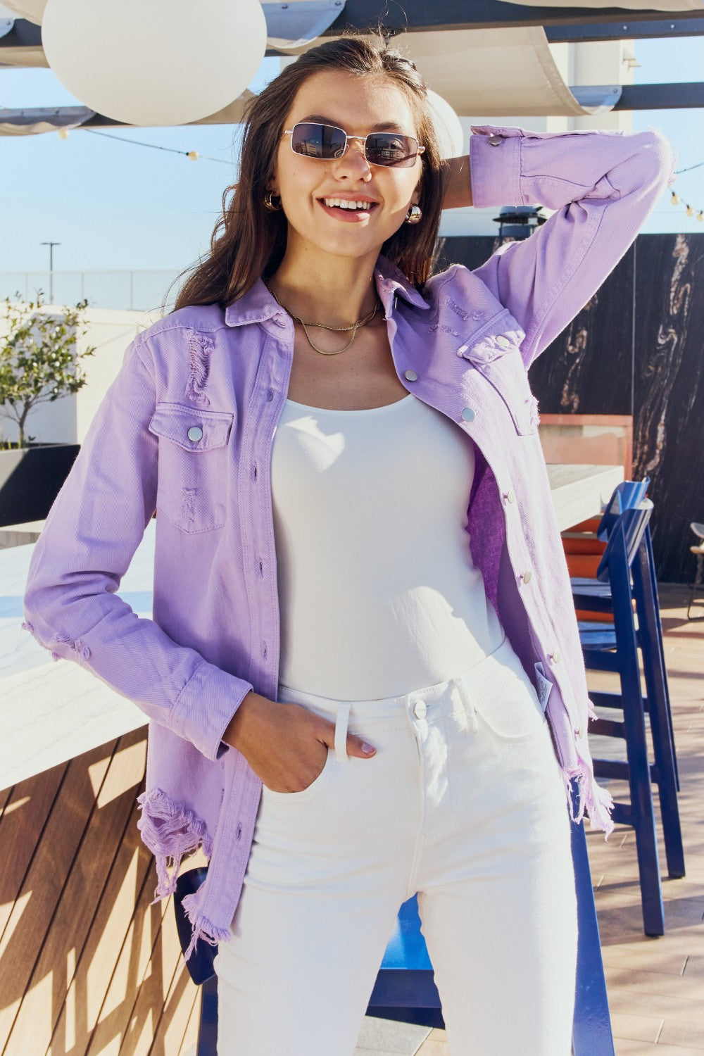 Full-Size Distressed Button Down Denim Lavender Jacket