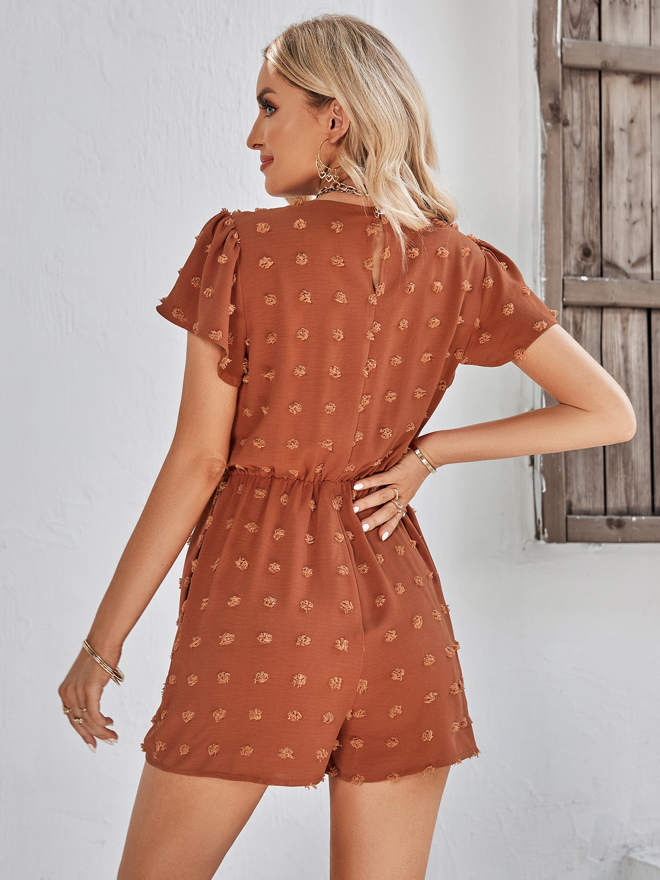 Swiss Dot Lace Trim Flutter Sleeve Romper