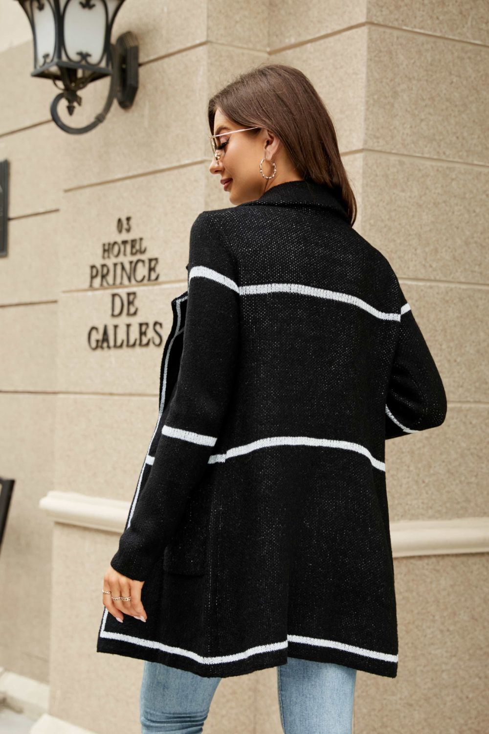 Striped Contrast Open Front Lapel Collar Cardigan