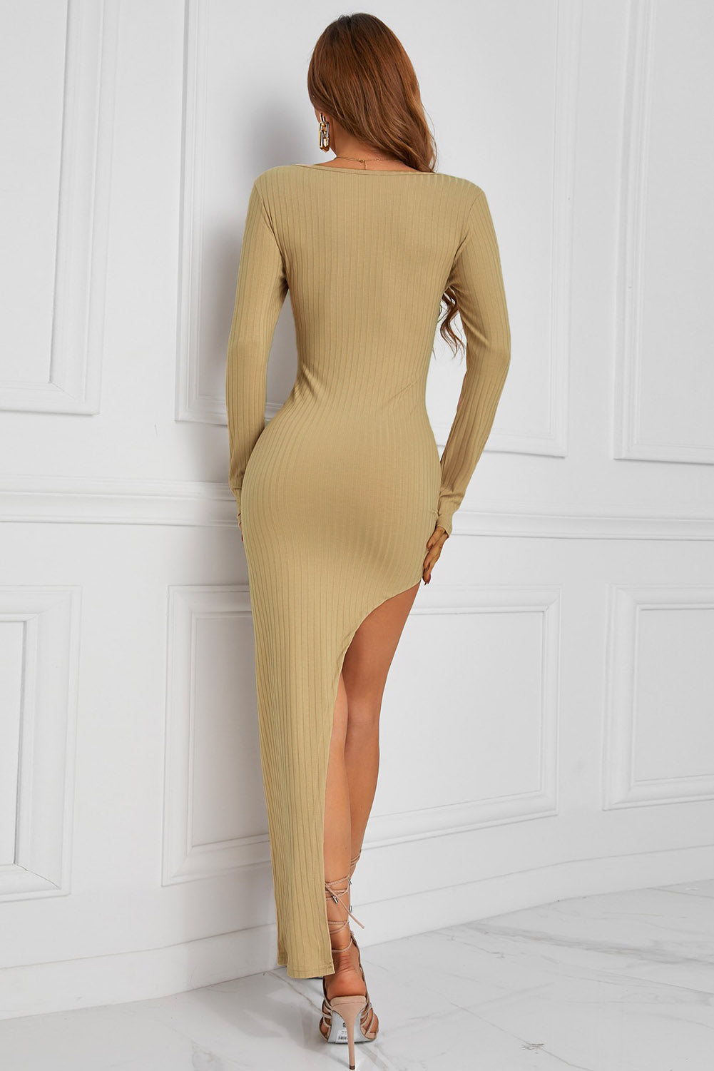 Ribbed Scoop Neck Split Bodycon Dress