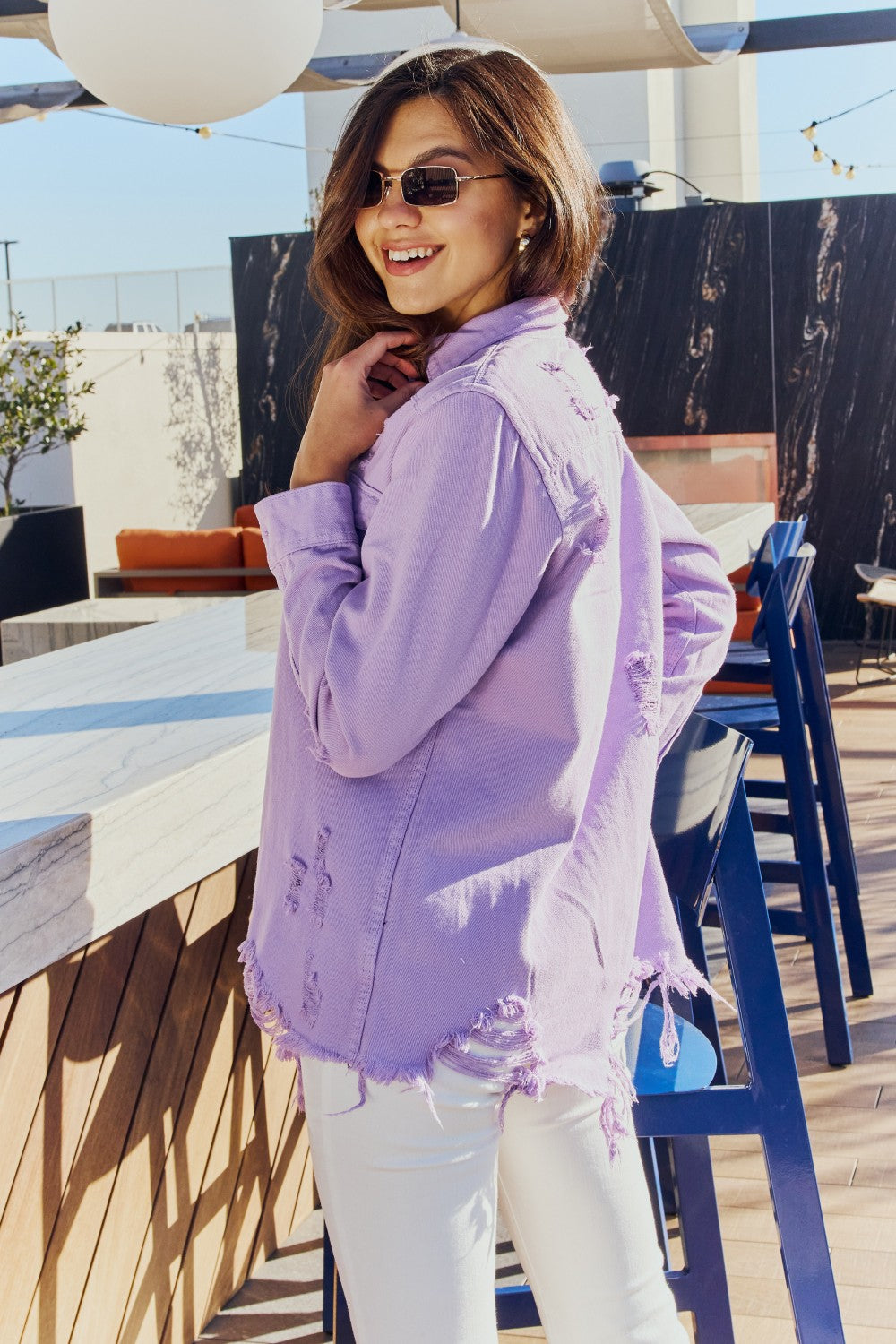 Full-Size Distressed Button Down Denim Lavender Jacket
