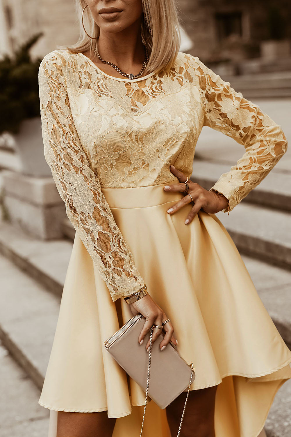 Spliced Lace High-Low Long-Sleeve Dress