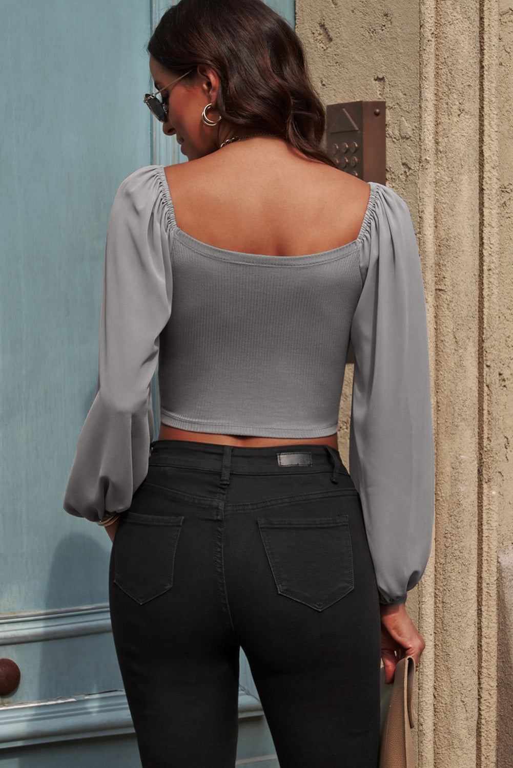 Drawstring Balloon Sleeve Cropped Blouse