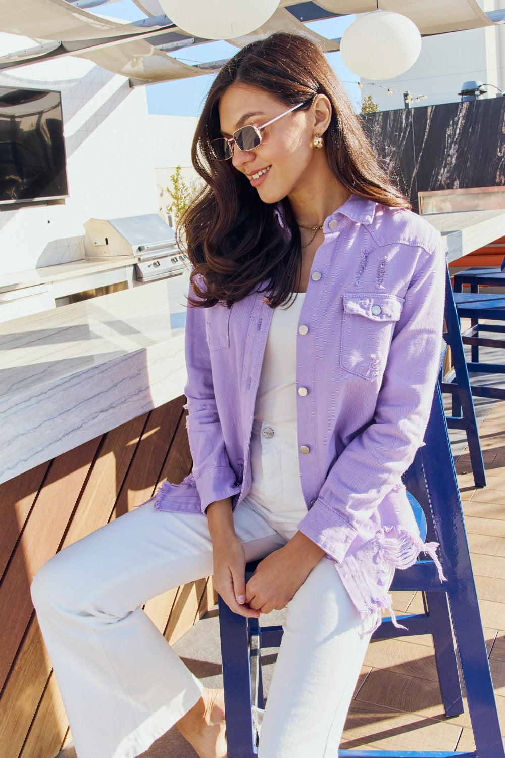 Full-Size Distressed Button Down Denim Lavender Jacket
