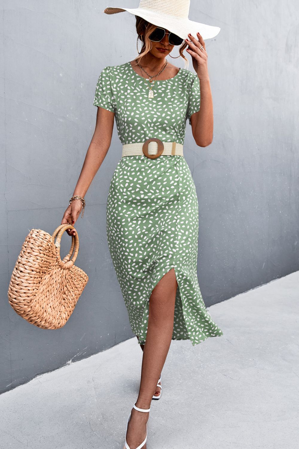 printed slit cutout midi dress (belt not included)