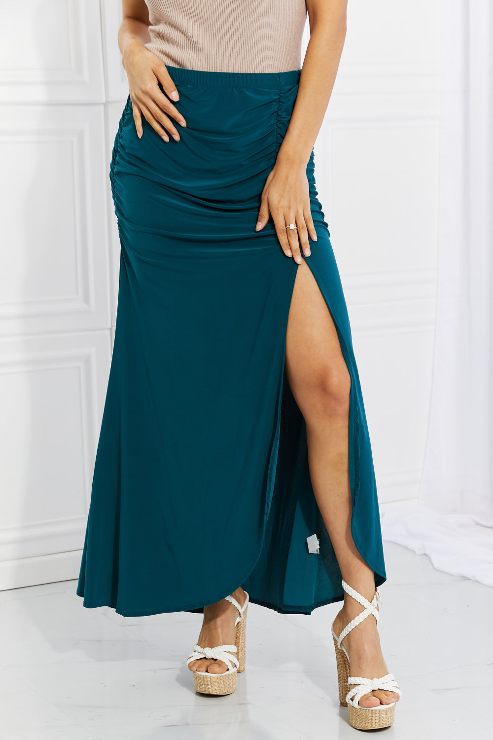 Up and Up Teal Ruched Slit Maxi Skirt