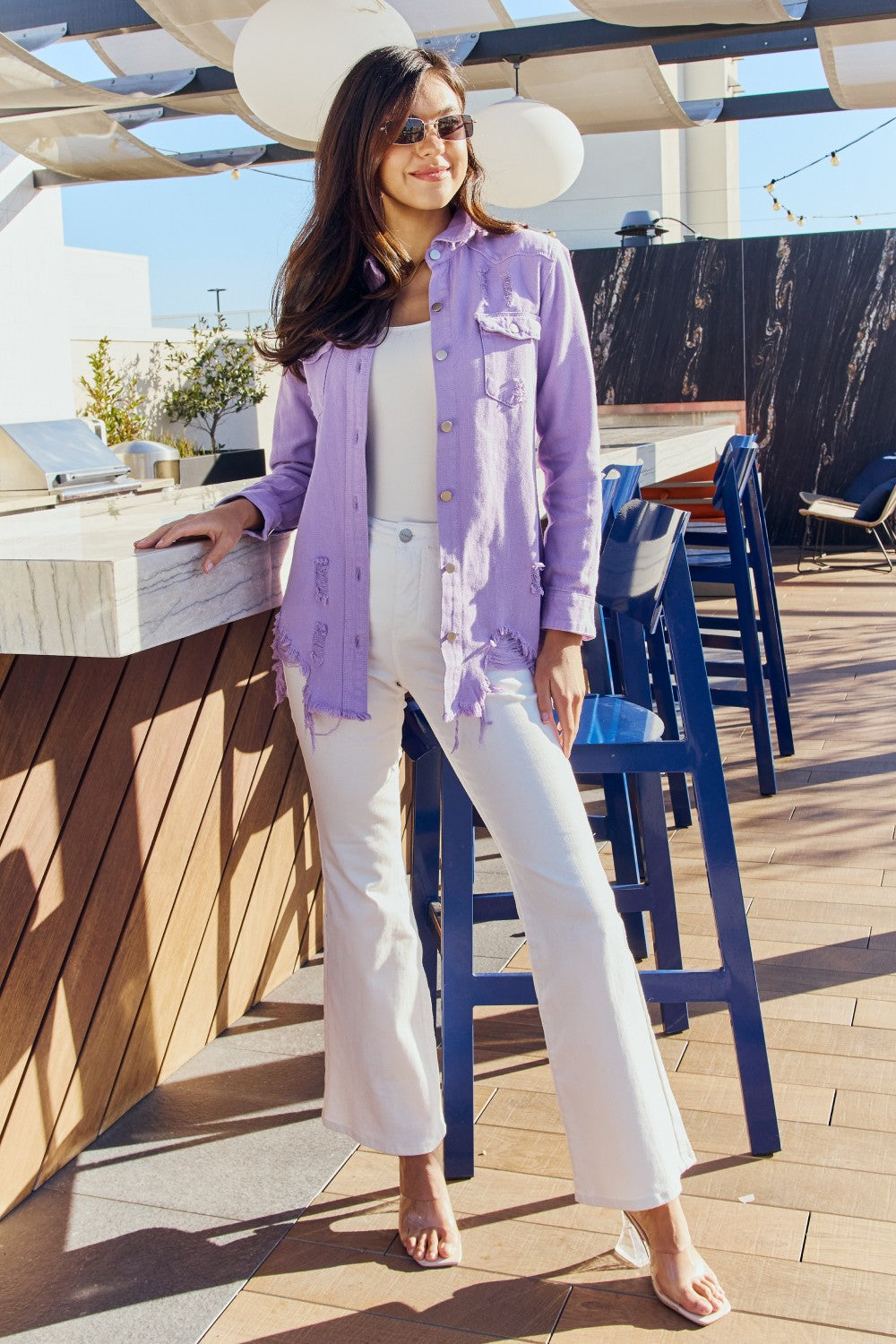 Full-Size Distressed Button Down Denim Lavender Jacket