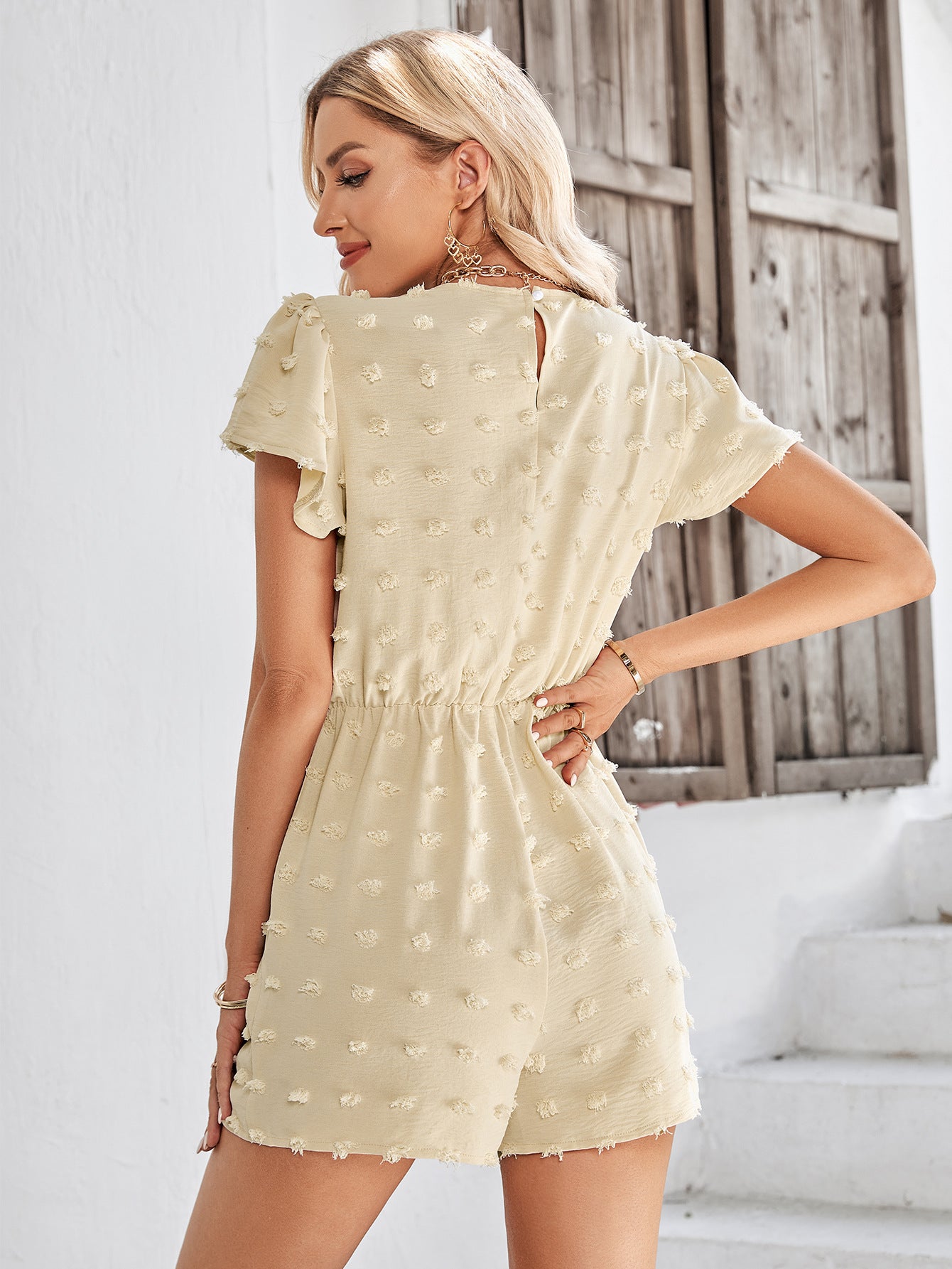 Swiss Dot Lace Trim Flutter Sleeve Romper