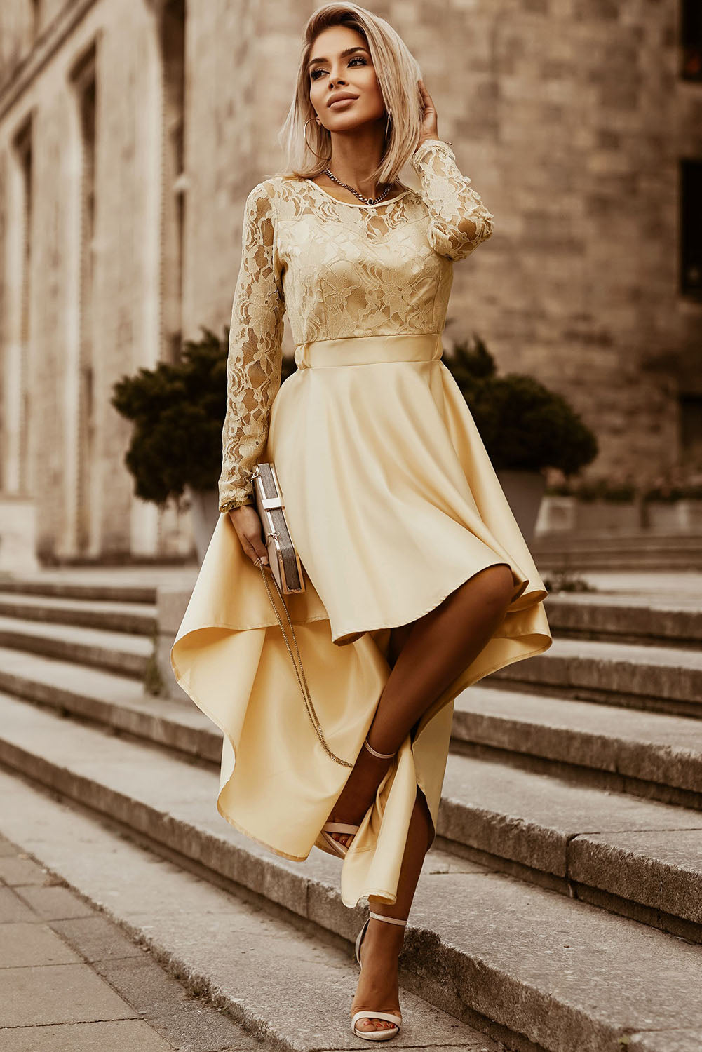 Spliced Lace High-Low Long-Sleeve Dress