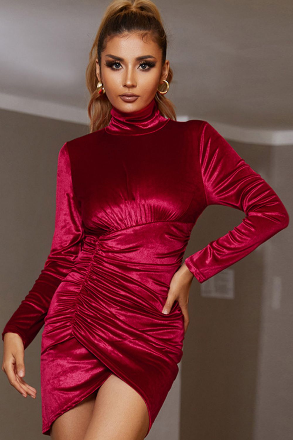 Ruched Tulip Hem Funnel Neck Dress
