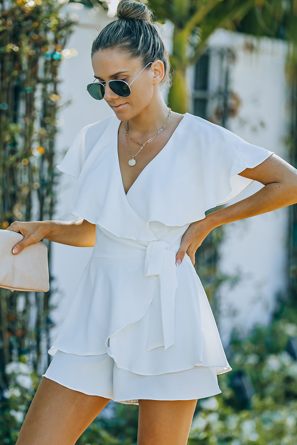 tie-waist surplice layered romper