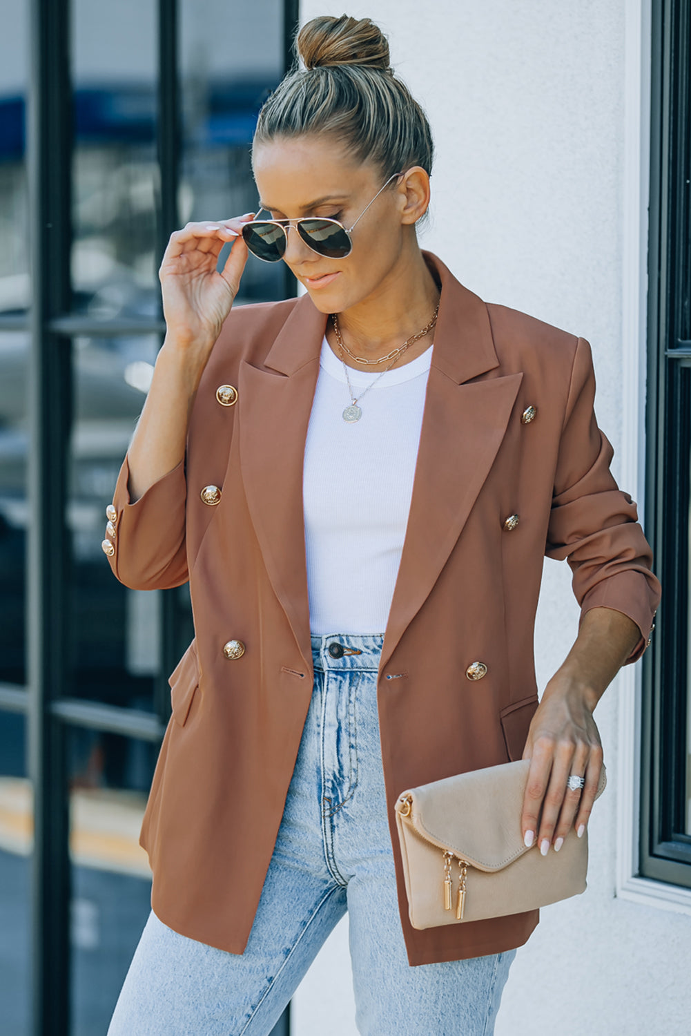 Double-Breasted Lapel Collar Long-Sleeve Blazer