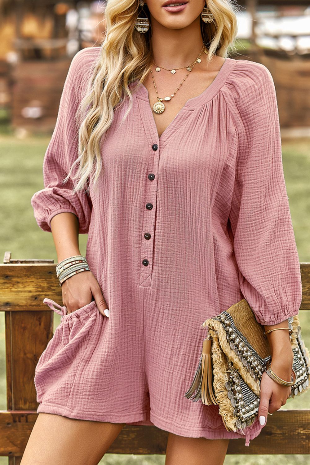 Textured Notched Neck Romper