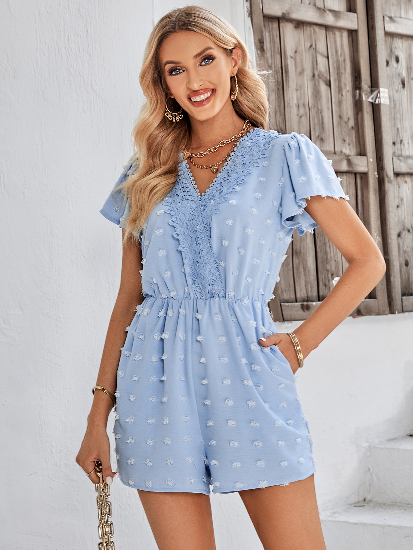 Swiss Dot Lace Trim Flutter Sleeve Romper
