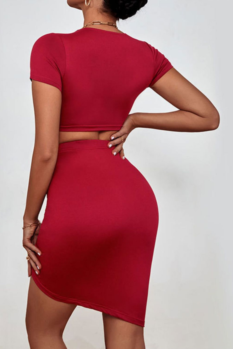 twisted deep v cropped top and ruched skirt set