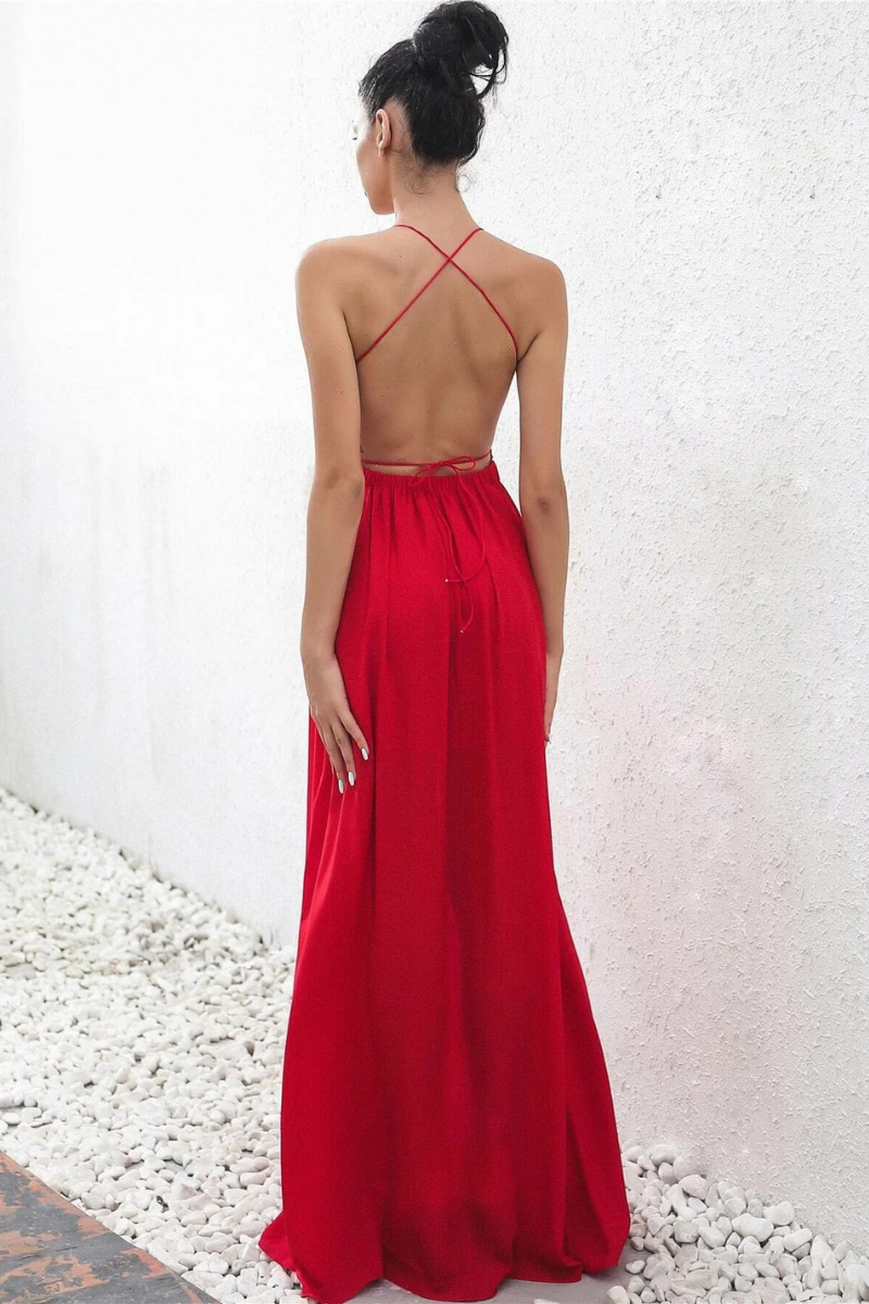 backless crisscross halter neck split maxi dress