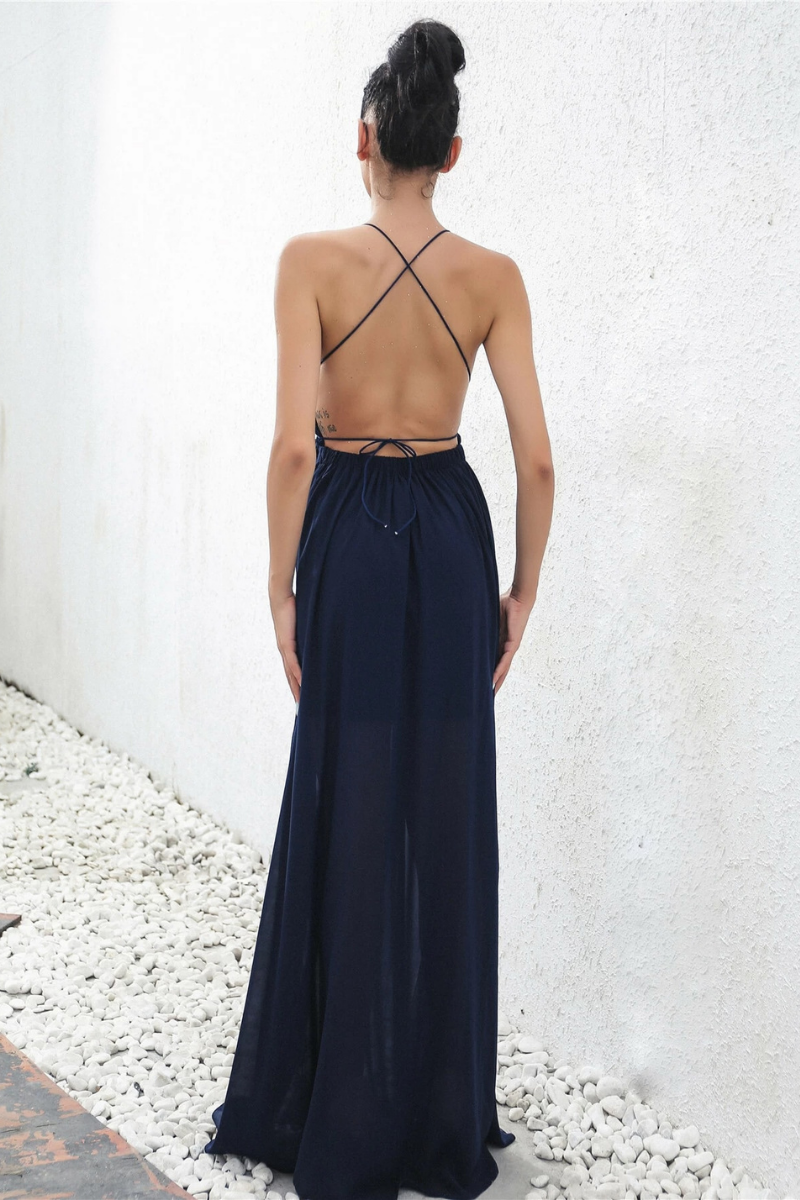 backless crisscross halter neck split maxi dress