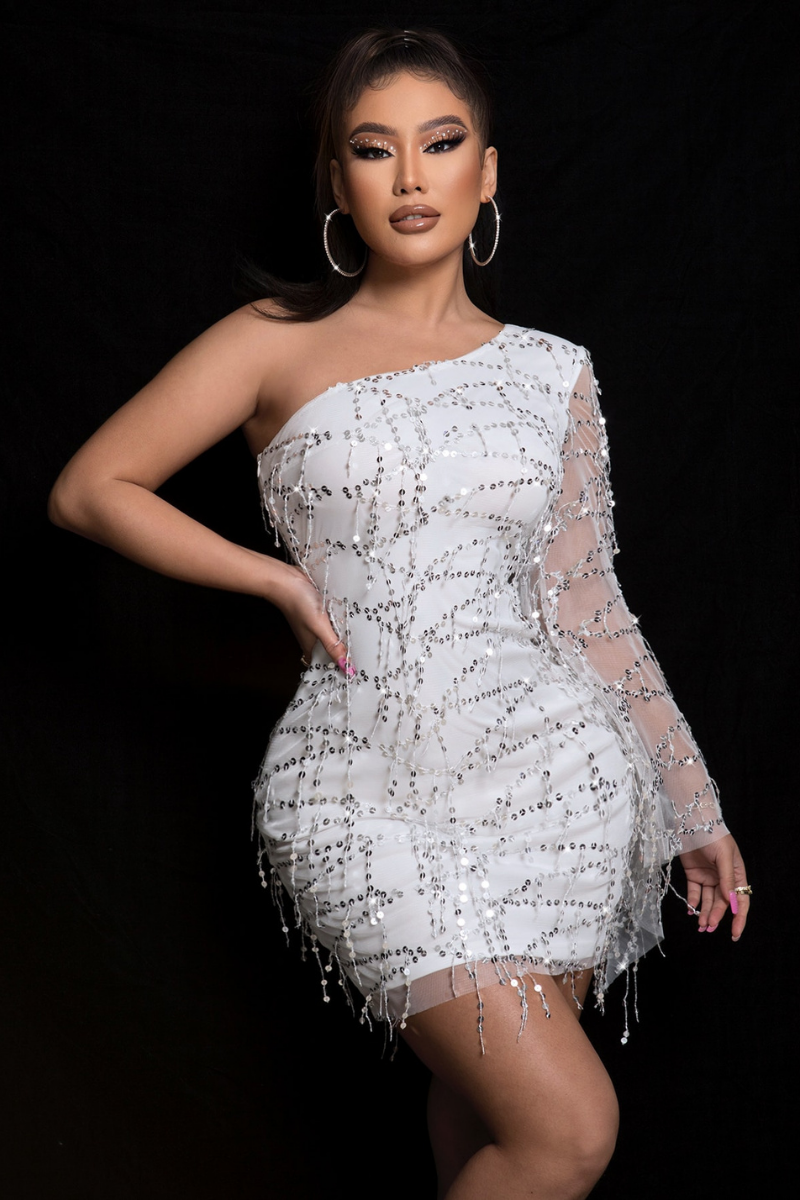 sequin one shoulder spliced mesh sleeve dress