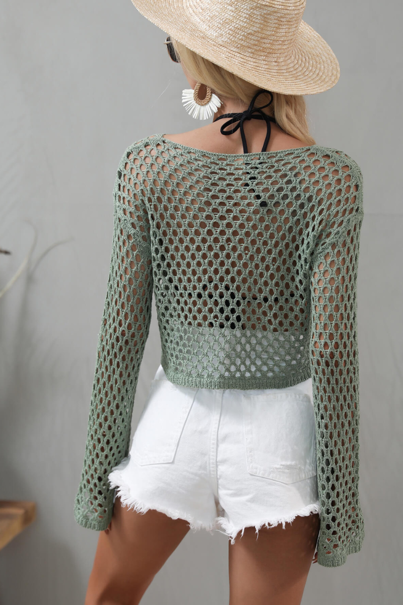 Openwork Flare Sleeve Cropped Cover Up