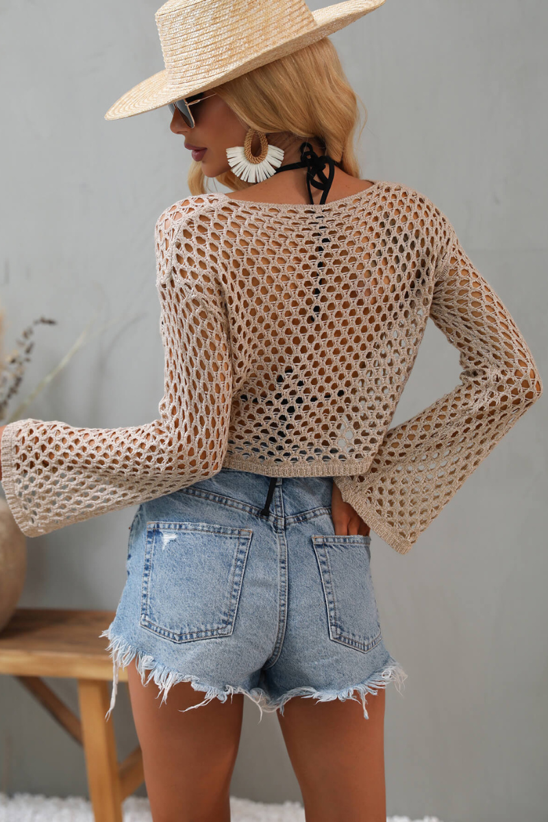 Openwork Flare Sleeve Cropped Cover Up