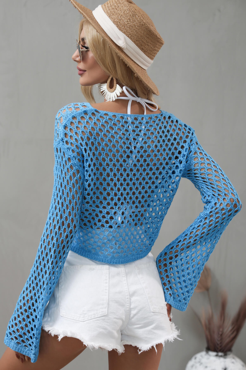 Openwork Flare Sleeve Cropped Cover Up