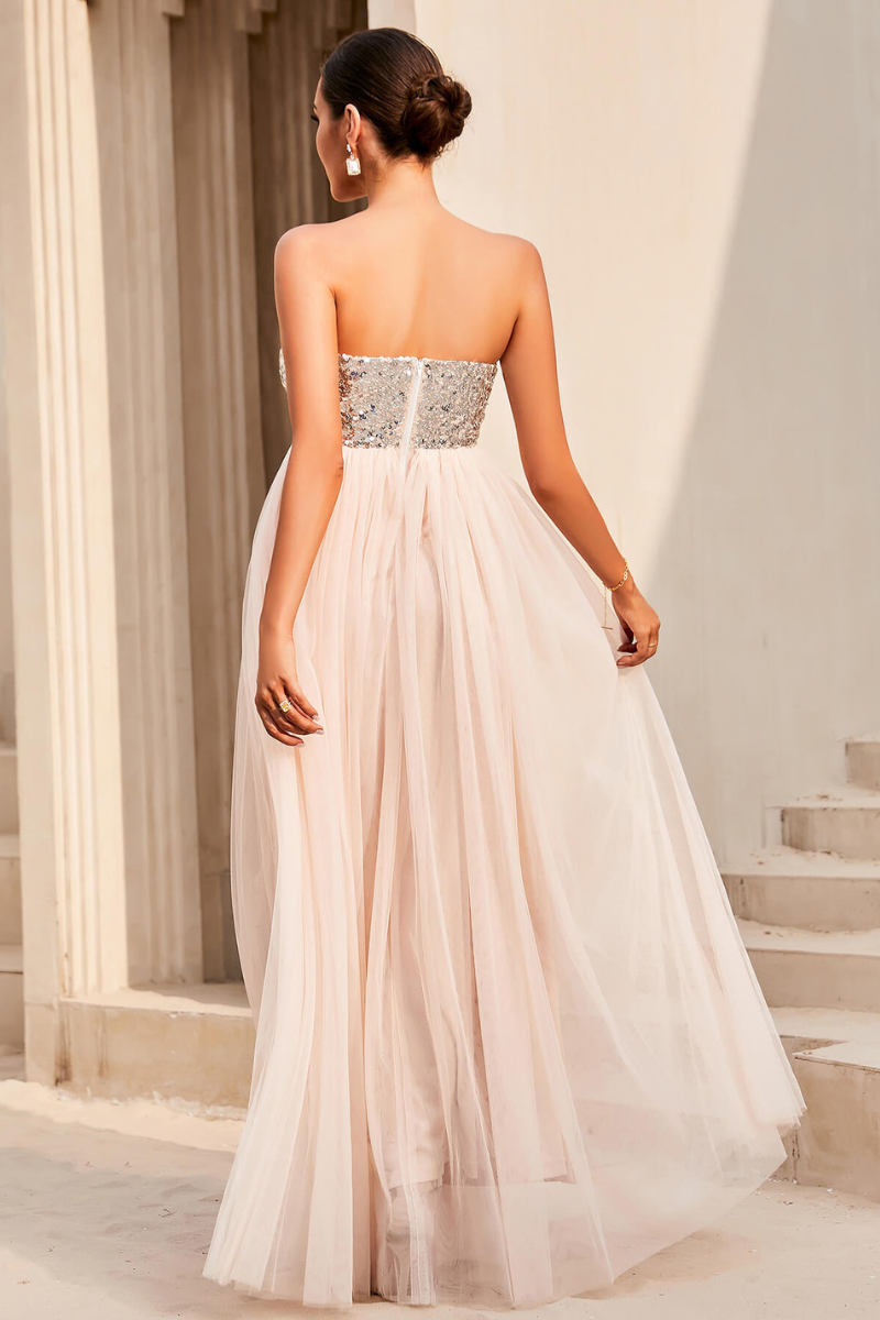 Sequin Strapless Spliced Tulle Dress