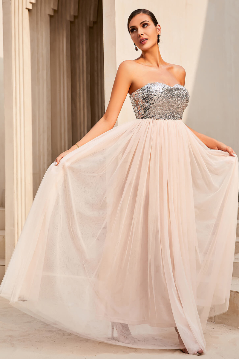 Sequin Strapless Spliced Tulle Dress