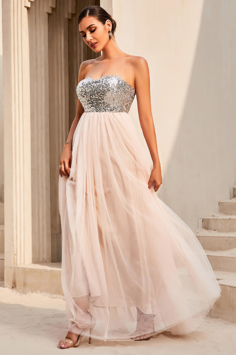 Sequin Strapless Spliced Tulle Dress