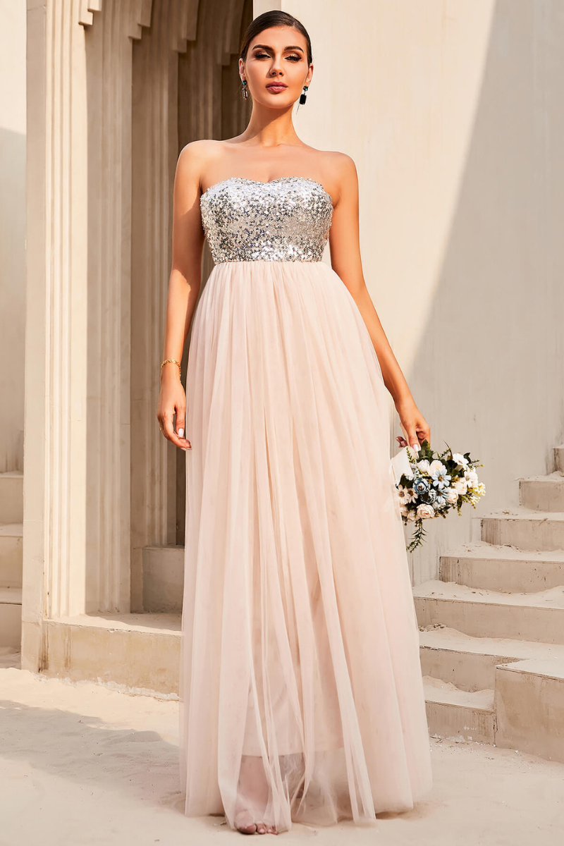 Sequin Strapless Spliced Tulle Dress
