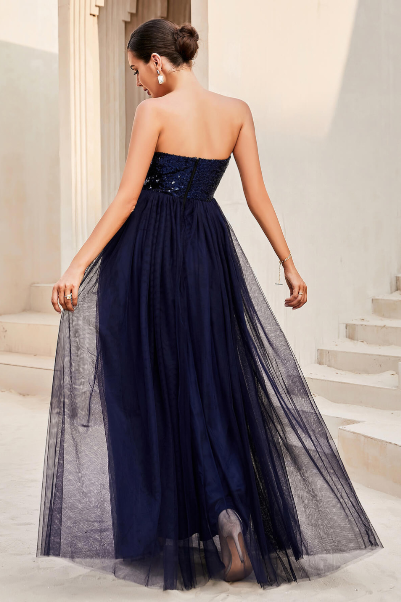 Sequin Strapless Spliced Tulle Dress