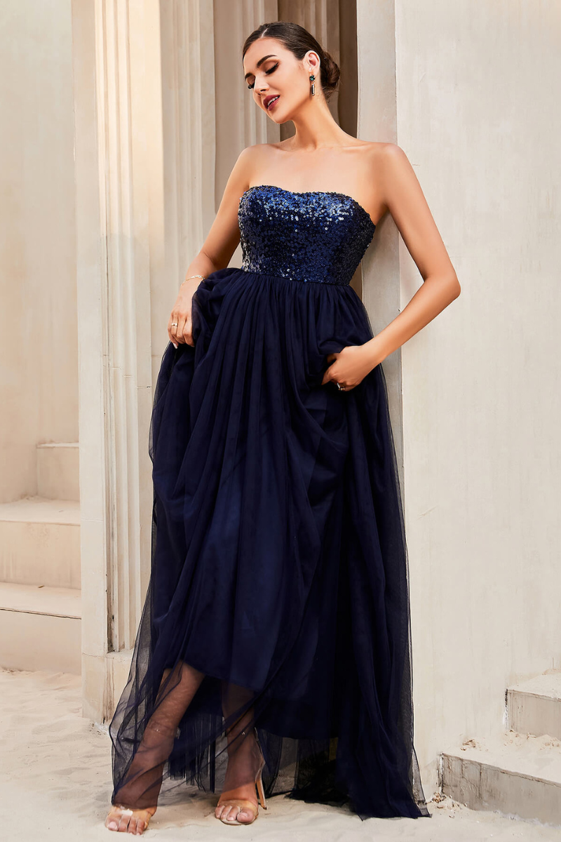 Sequin Strapless Spliced Tulle Dress