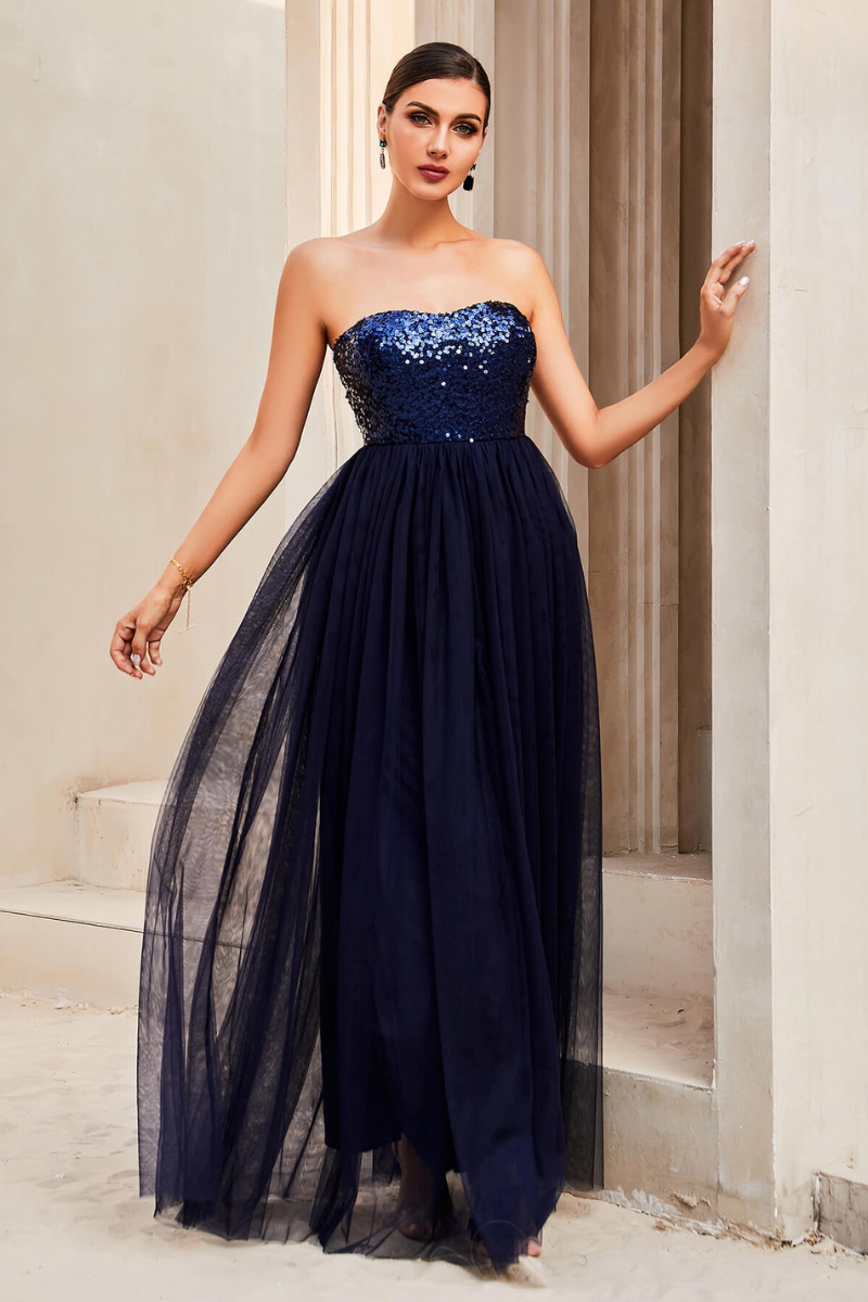 Sequin Strapless Spliced Tulle Dress