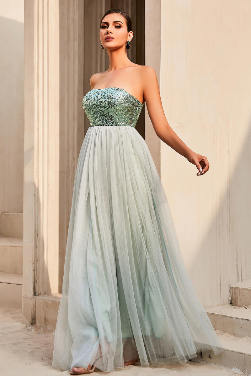Sequin Strapless Spliced Tulle Dress