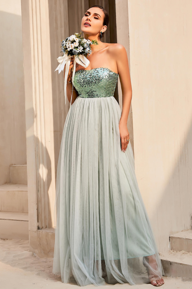 Sequin Strapless Spliced Tulle Dress