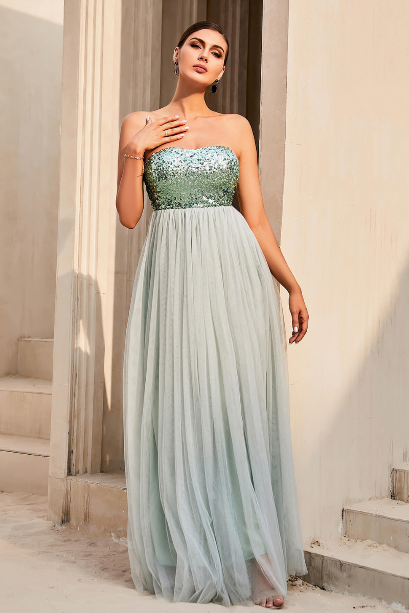 Sequin Strapless Spliced Tulle Dress
