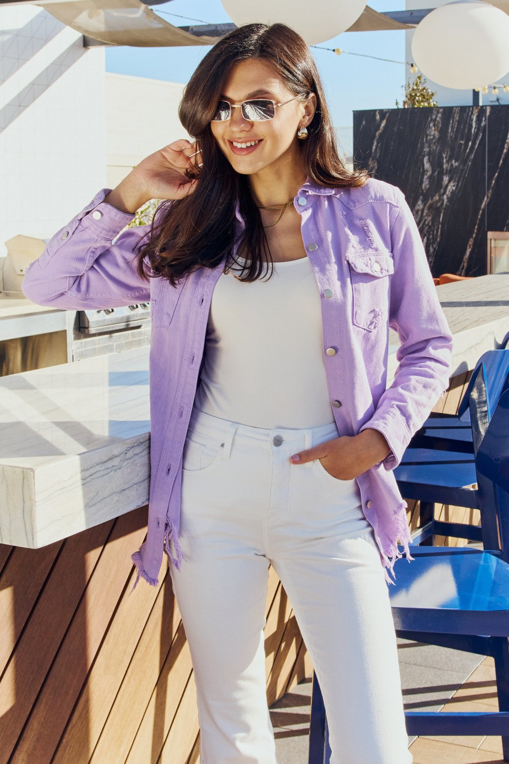 Full-Size Distressed Button Down Denim Lavender Jacket