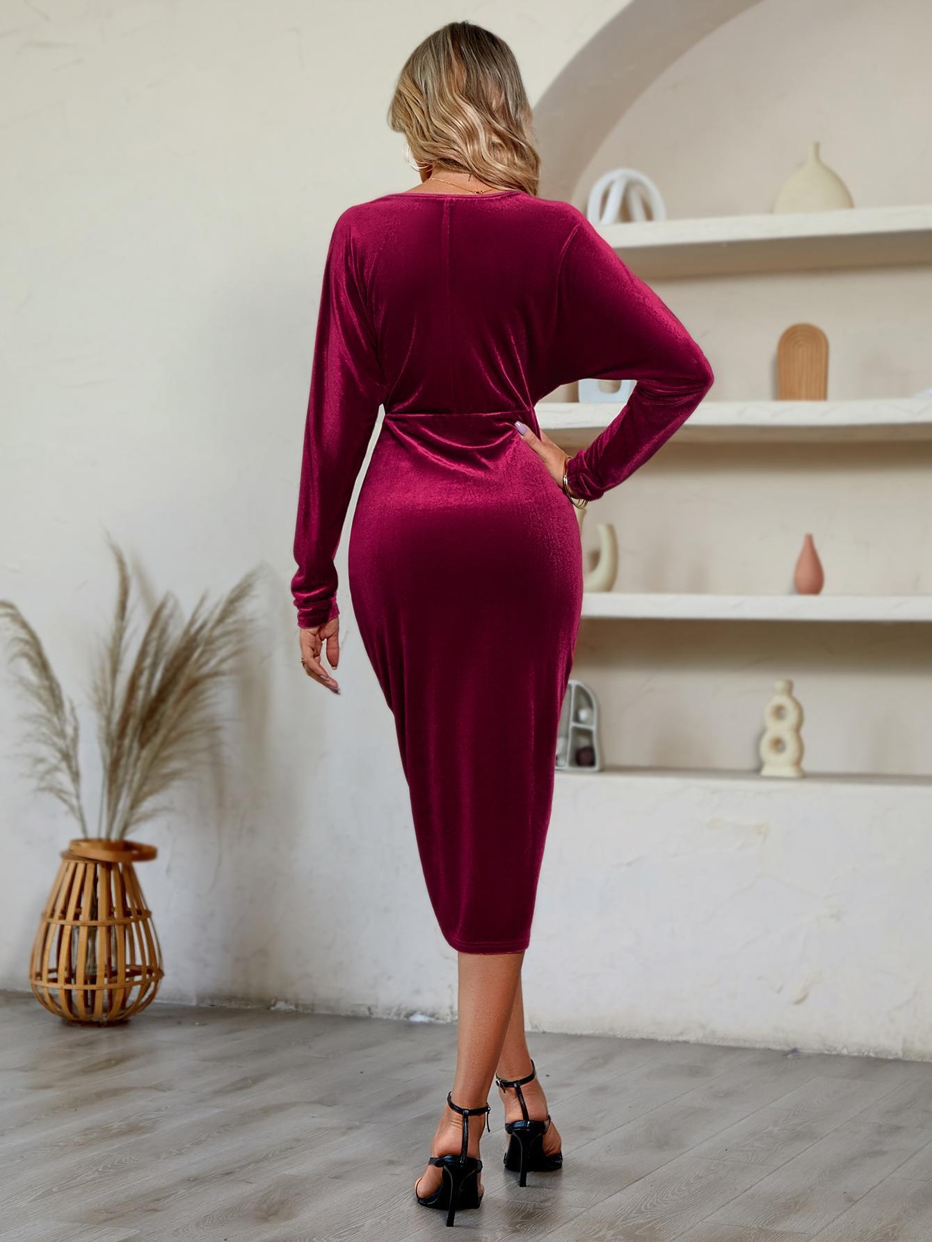 V-Neck Long-Sleeve Tulip Hem Dress