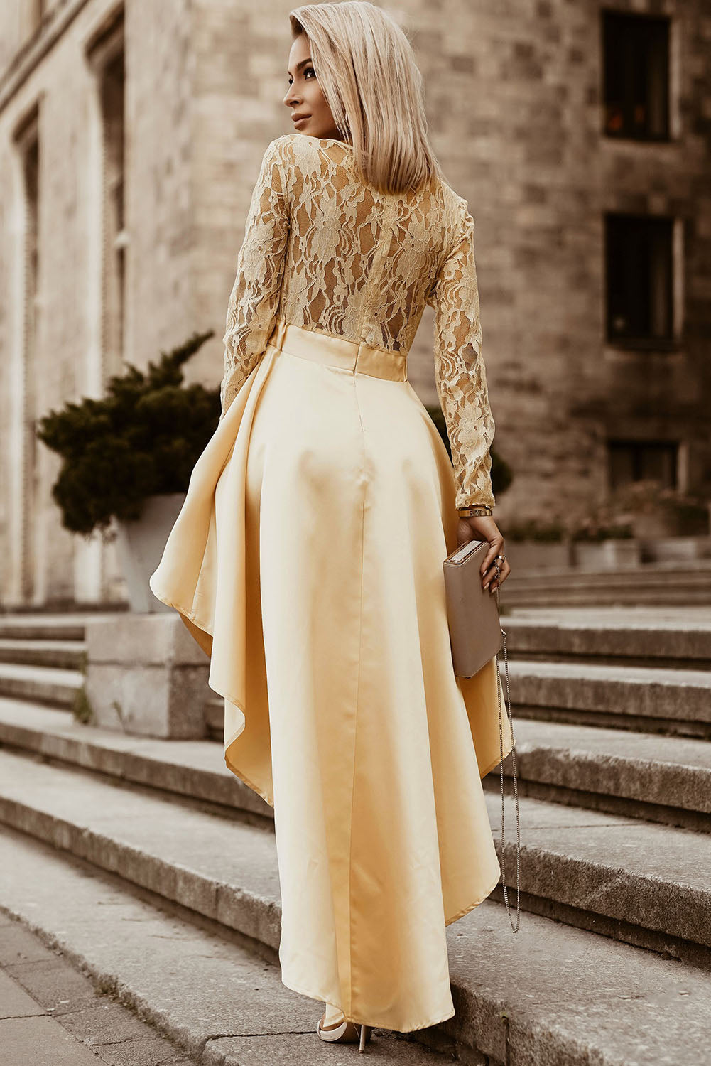 Spliced Lace High-Low Long-Sleeve Dress
