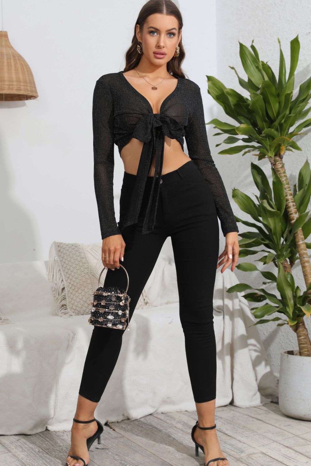 Tie Front Deep V Long-Sleeve Crop Top