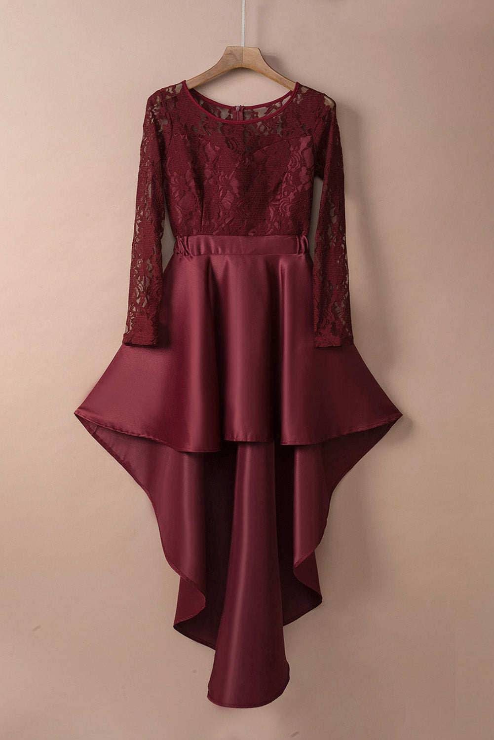 Spliced Lace High-Low Long-Sleeve Dress