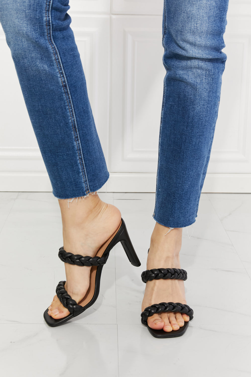 In Love Double Braided Black Block Heel Sandals