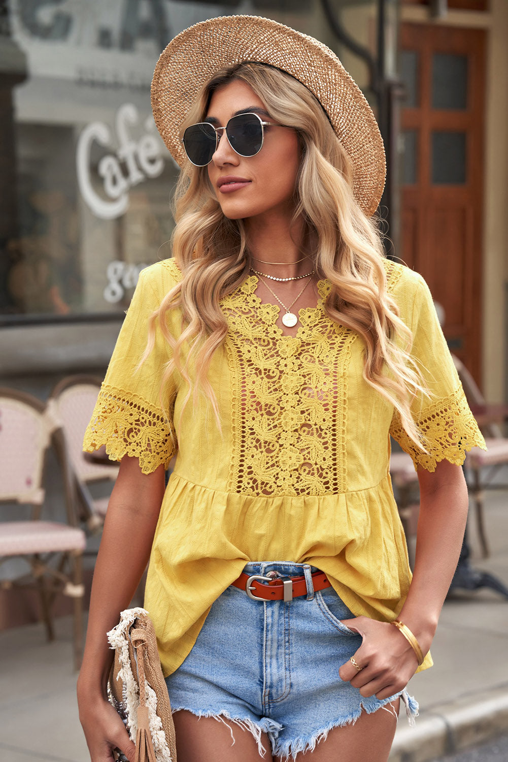 spliced lace peplum top