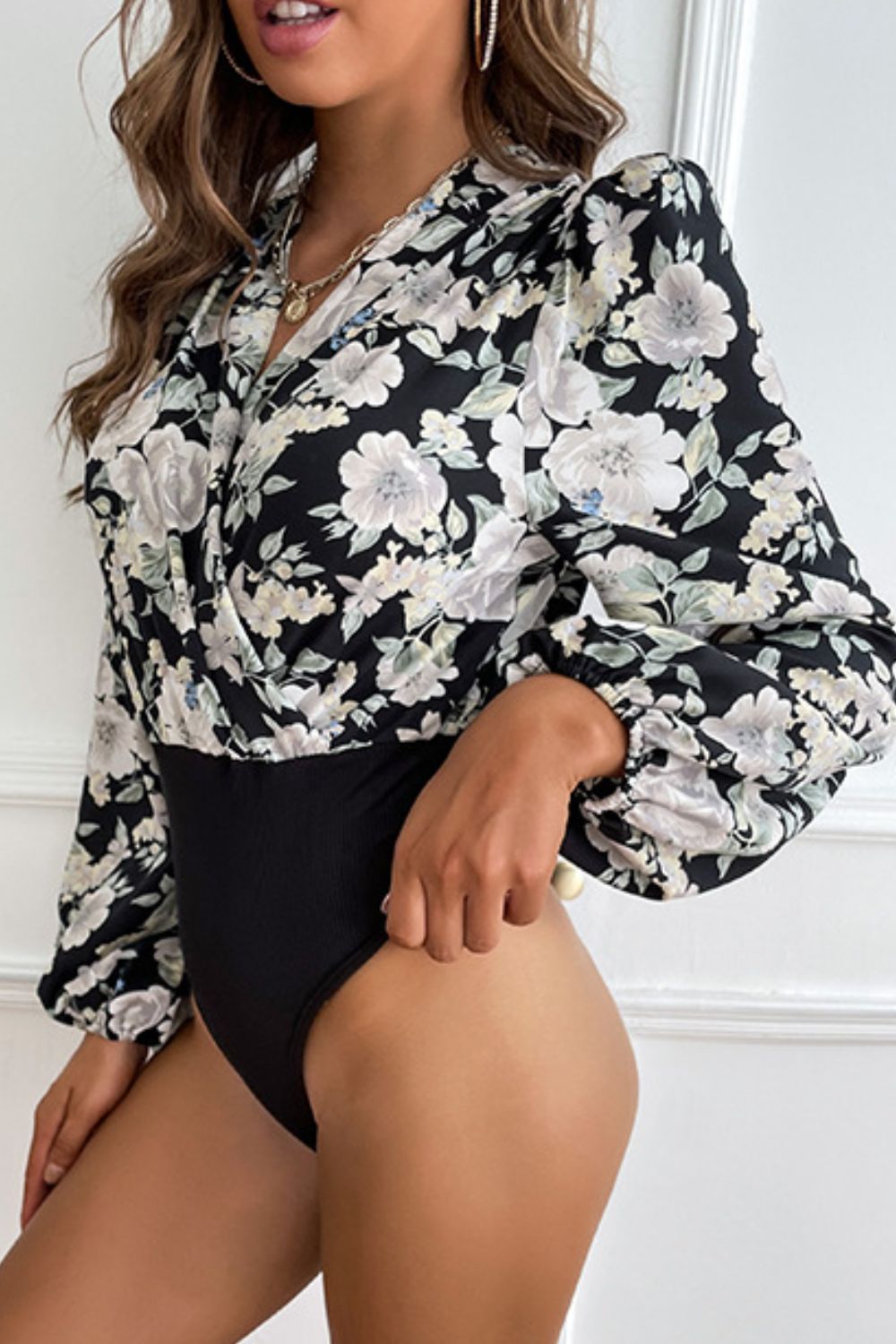 Floral Surplice Neck Puff-Sleeve Bodysuit