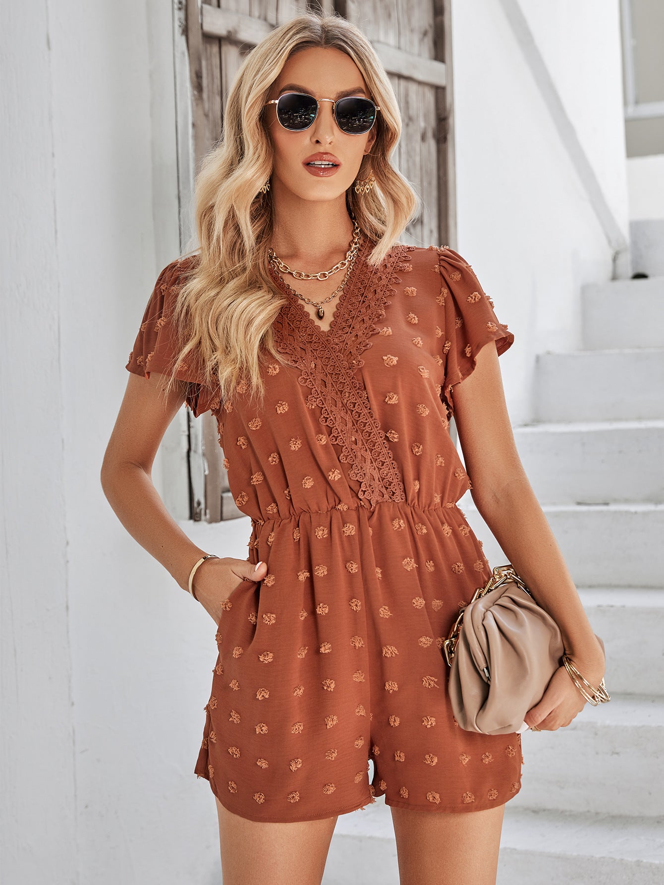 Swiss Dot Lace Trim Flutter Sleeve Romper