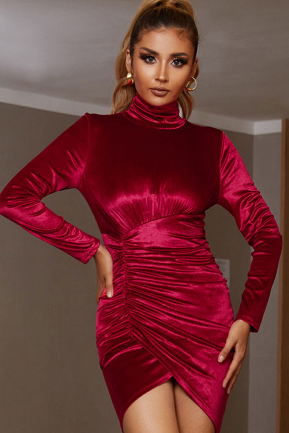 Ruched Tulip Hem Funnel Neck Dress
