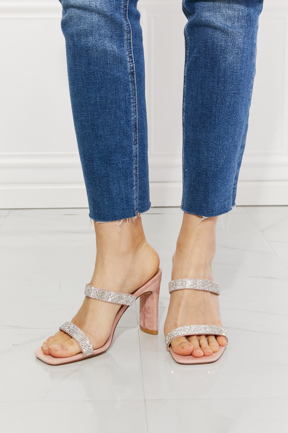 Leave a Little Sparkle Rhinestone Pink Block Heel Sandals